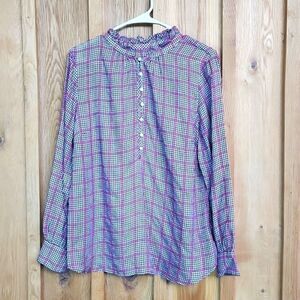 NEW Talbots Long Sleeve Tunic Ruffle Collar Blouse, Pink, Brown, & Cream Plaid